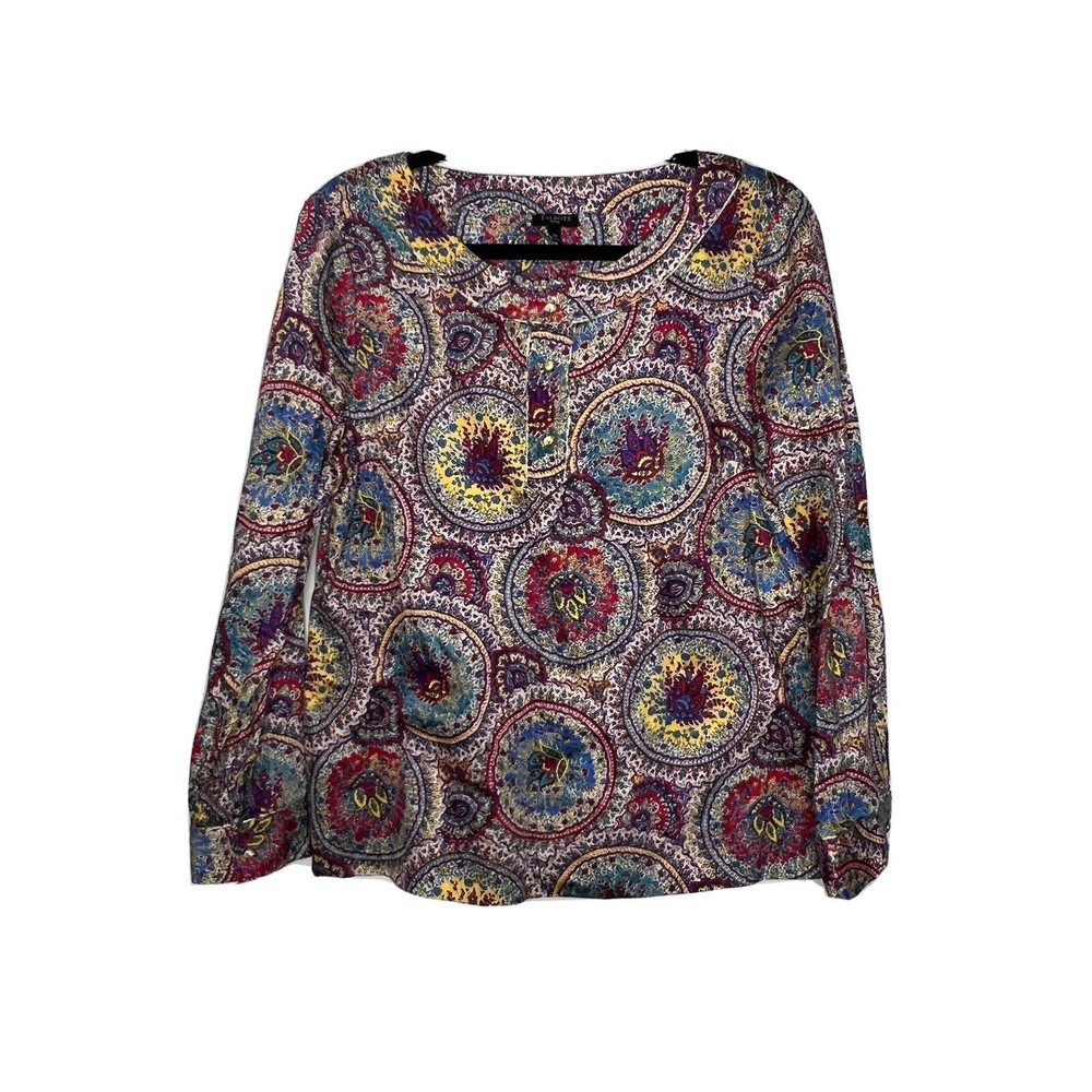 Talbots Shirt Blouse Women's 12P Petite Multicolor Paisley Print Gold Trimming
